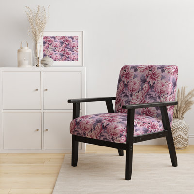 Harmony Pink Peonies Pattern - Upholstered Farmhouse Arm Chair, Rustic Floral Accent Chair