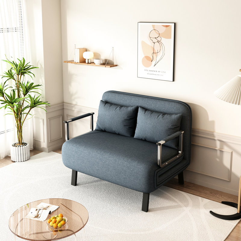 39 Convertible Chair Bed, Adjustable And Pillow, Iron Construction, Velvet Upholstery In Blue+Grey For Office Use A Stylish Look