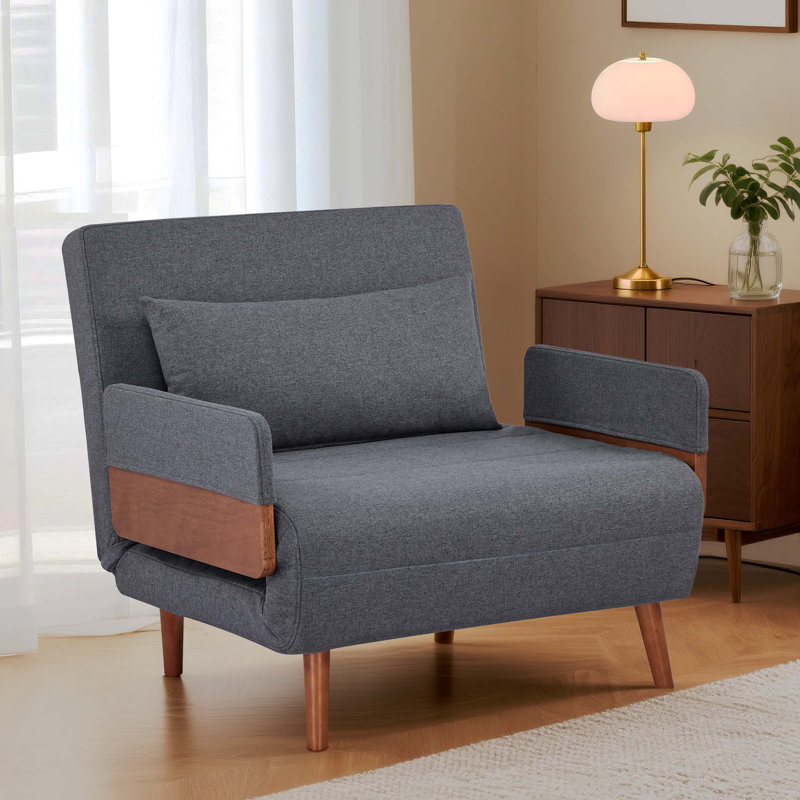 Sofa Bed with Solid Wood Arms and Legs in Cotton Linen, 3-Position Adjustable Back, Gray, 30.7" H x 33.9" W x 70.9" D, 1