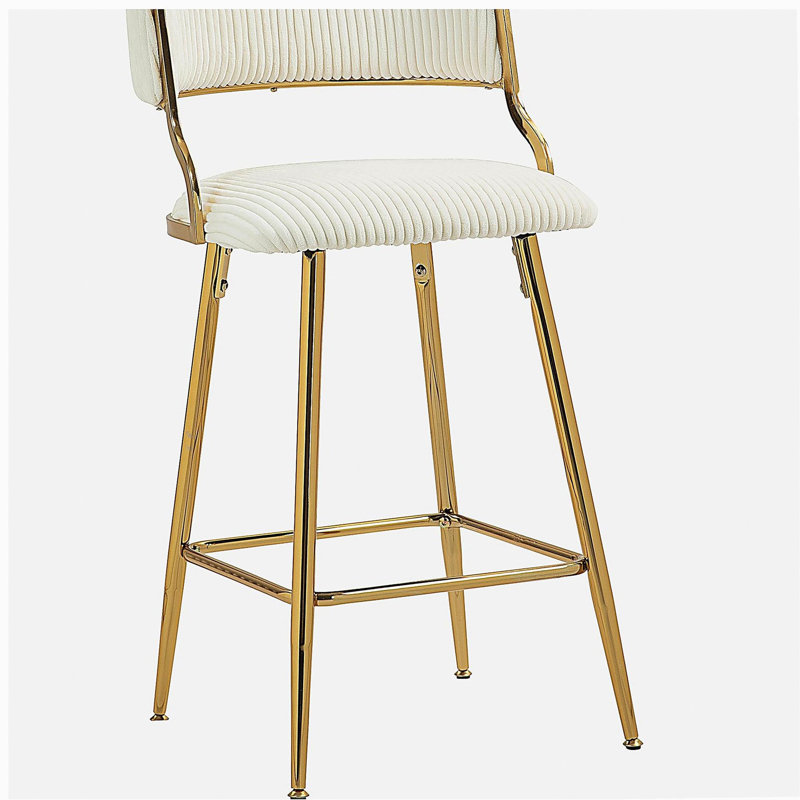 Tabouret de bar pour îlot de cuisine en velours côtelé avec dossier, base chromée dorée et repose-pieds, ensemble de 2