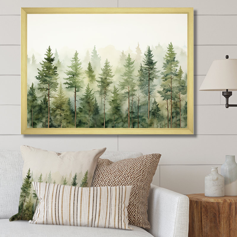 «Pine Trees Minimalisme Dream» - Art sur toile, H 12 po x l 20 po x P 1 po, Cadre doré simple