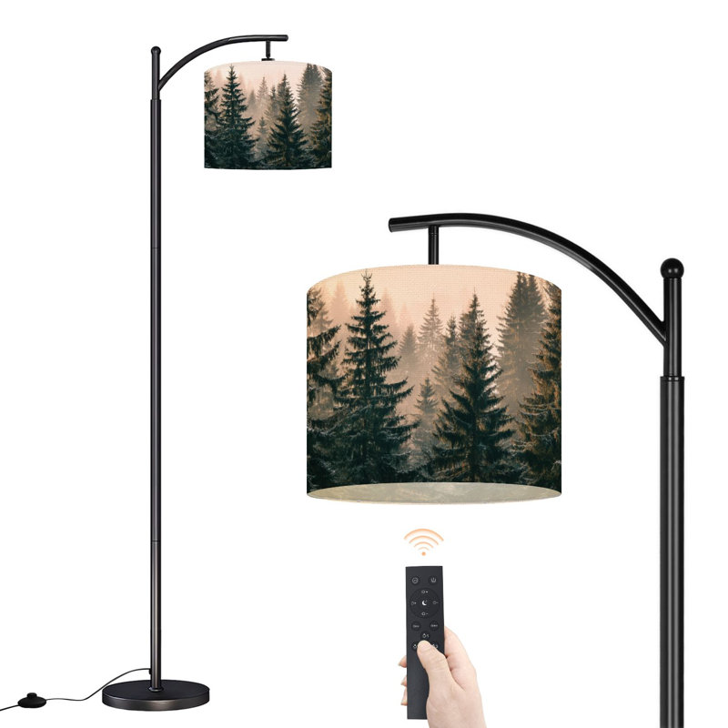 Lampe sur pied PeeNoke Arc vue panoramique sur la forêt, pin, paysage, silhouette d'épinette, grande lampe sur pied moderne, abat-jour réglable en lin à 3 couleurs