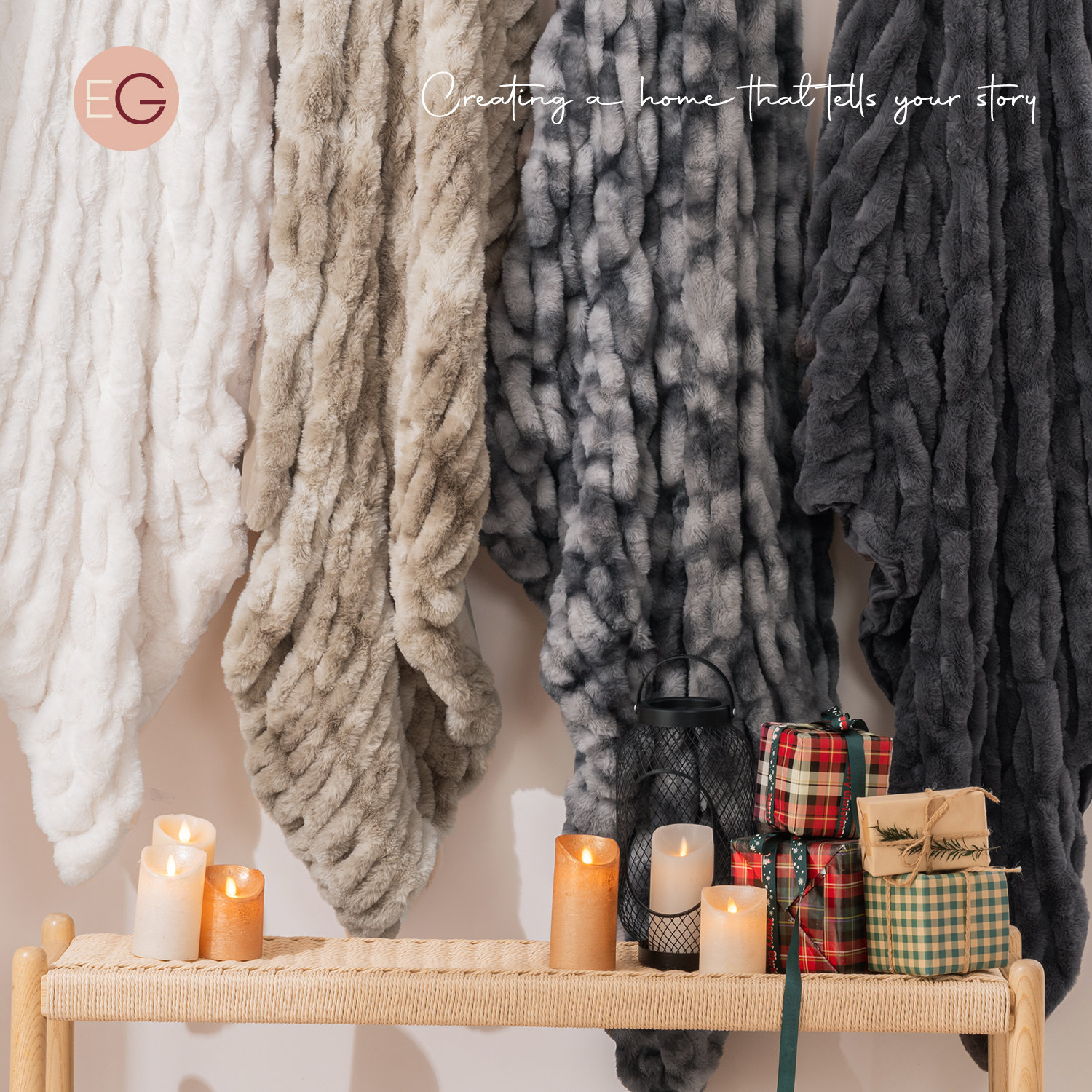 Ruched Faux Fur Throw Blanket, 60" W x 80" L, Gray