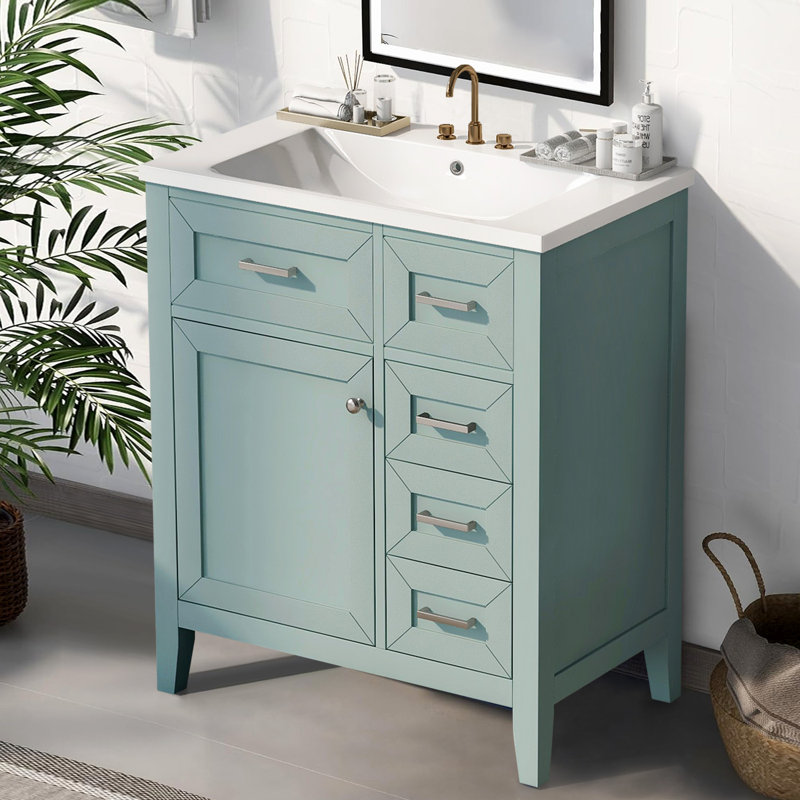 Meuble-lavabo de salle de bain avec lavabo en céramique, cadre solide et panneau en MDF, Vert/blanc