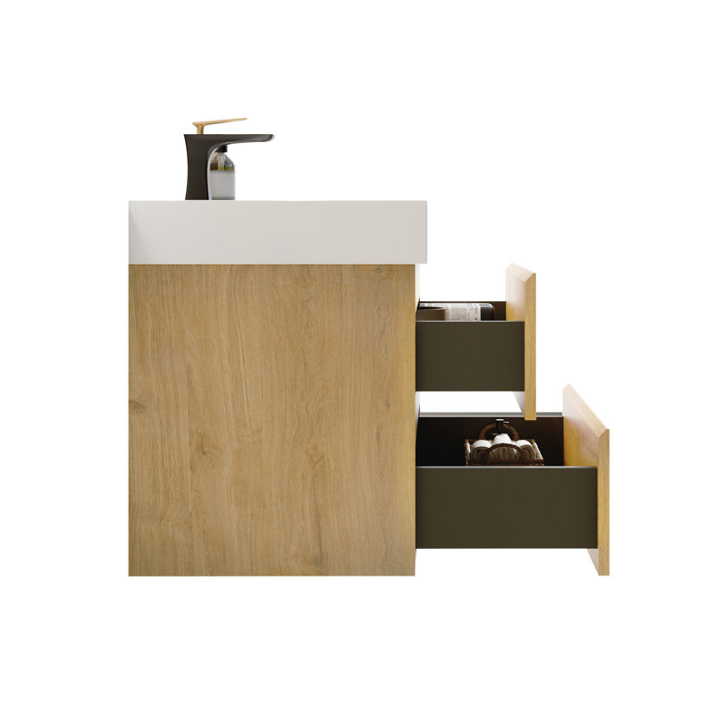 Meuble-lavabo mural de 30 po en chêne naturel avec lavabo, grand meuble-lavabo flottant mural pour salle de bain moderne, pré-assemblé