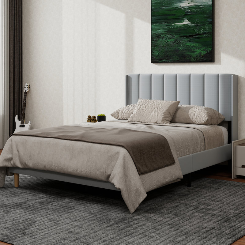 Structure de lit plateforme tapissier avec oreilles, Gris pâle, Lit double