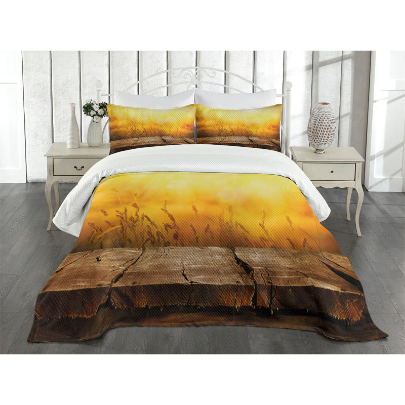 Ambesonne Fall Bedspread Set Empty Tabletop and Wheat Brown Orange Yellow, King Bedspread + 2 Standard Shams