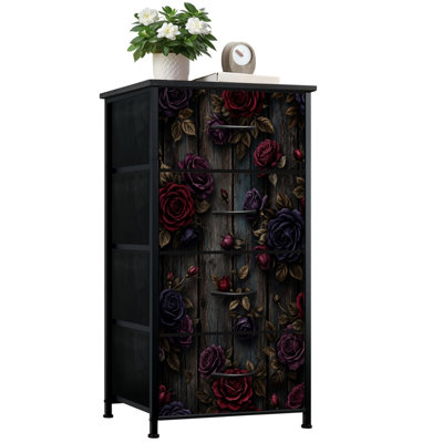 Commode pour la chambre à coucher avec 4 tiroirs de rangement Commode de chambre en tissu à cadre en acier rouge foncé