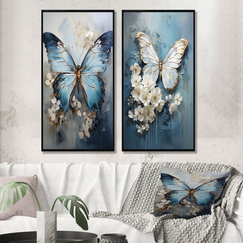 Butterfly Ethereal Blues Form Abstract Elegance - Ensemble de 2 décorations murales papillon, Cadre flottant noir