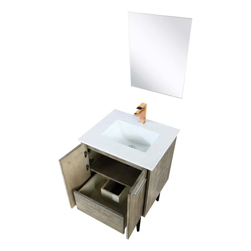24 po De meuble-lavabo rustique l 20 po x P 20 po avec surface en quartz blanc, robinet en or rose et 18 miroirs muraux