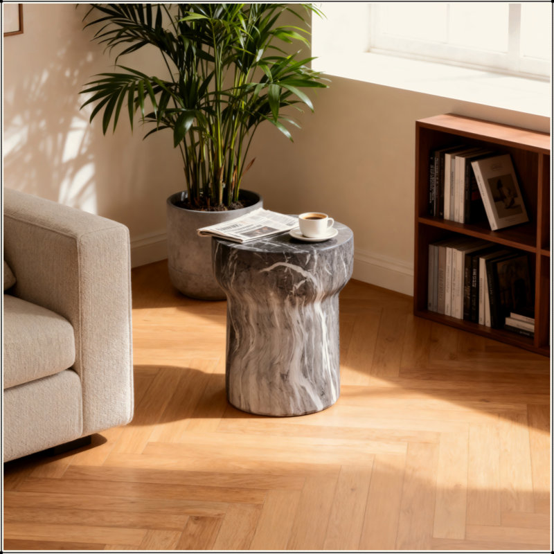 Tables de bout d'extérieur pour le patio, table d'appoint de jardin en faux terrazzo, petite table d'appoint ronde moderne pour l'extérieur, tabouret de jardin en souche d'arbre pour l'intérieur et l'extérieur