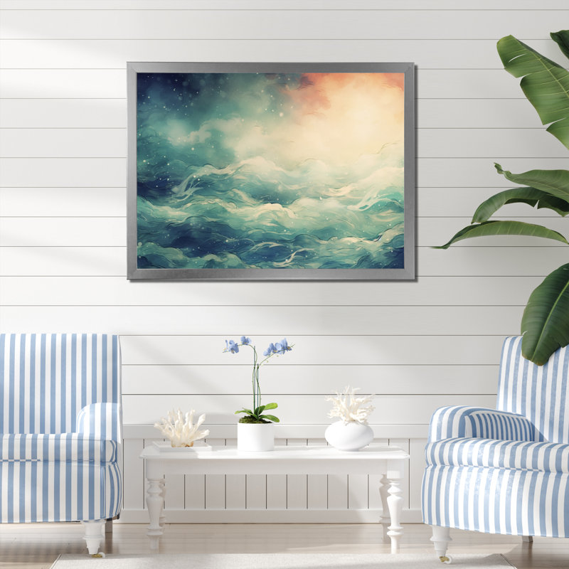 " Sunset Over The Wild Ocean Waves ", 12" H x 20 " W x 1" D, Silver Single Picture Frame