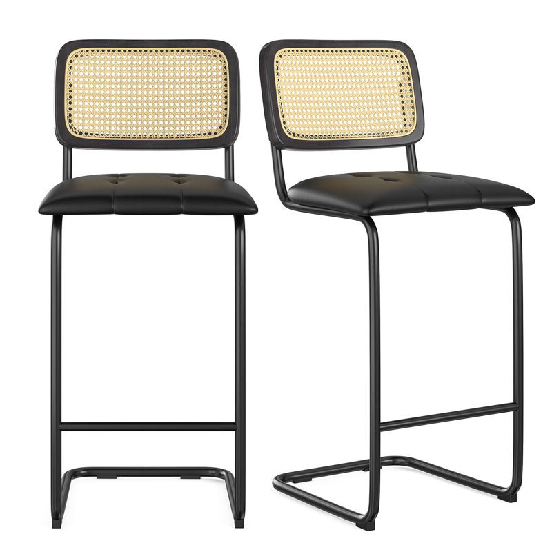 Ensemble de 2 tabourets de bar élégants à hauteur de comptoir, revêtus de cuir polyuréthane avec dossier en rotin, parfaits pour les îlots de cuisine et les décors modernes