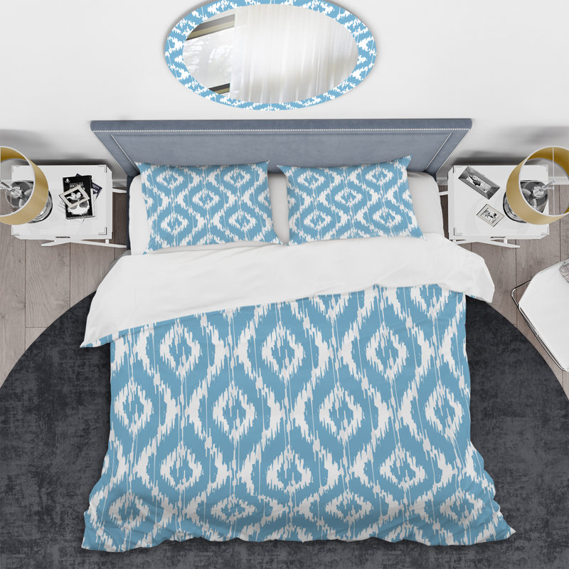 Blue Damask Ikat Polyester Damask Duvet Cover, King Duvet Cover + 2 King Shams