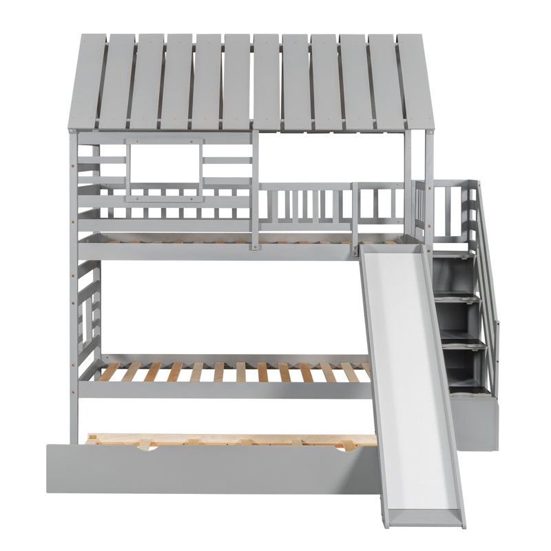 Space-saving Gray Twin House Bunk Beds With Storage And Slide