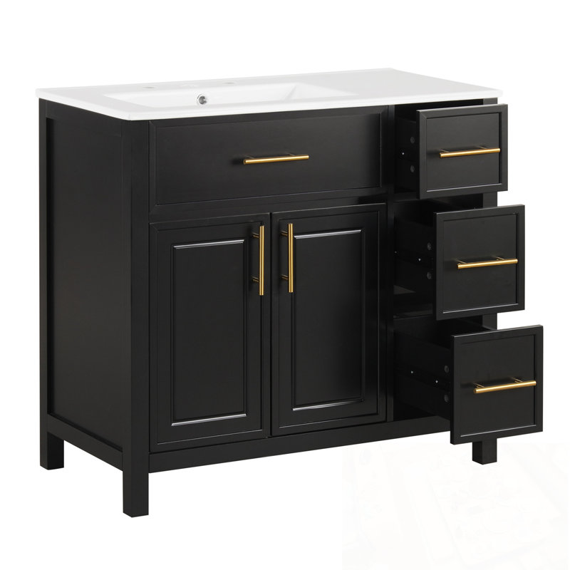 Meuble-lavabo avec comptoir, deux portes et trois tiroirs, Noir
