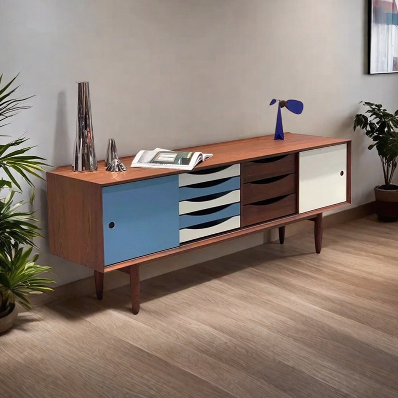 Meuble télé minimaliste en bois massif avec grand rangement, Bleu/brun/blanc, 78.74"