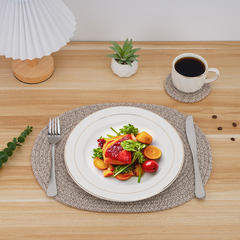 Cotton Blend Oval Placemat And Coaster Set, Mix Brown