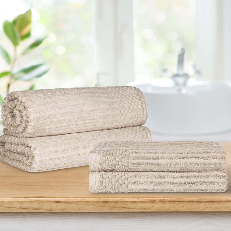 Ribbed Cotton Absorbent Heavy Weight 2 Pc Bath Sheet and 2 Pc Bath Towel Set, Ivory