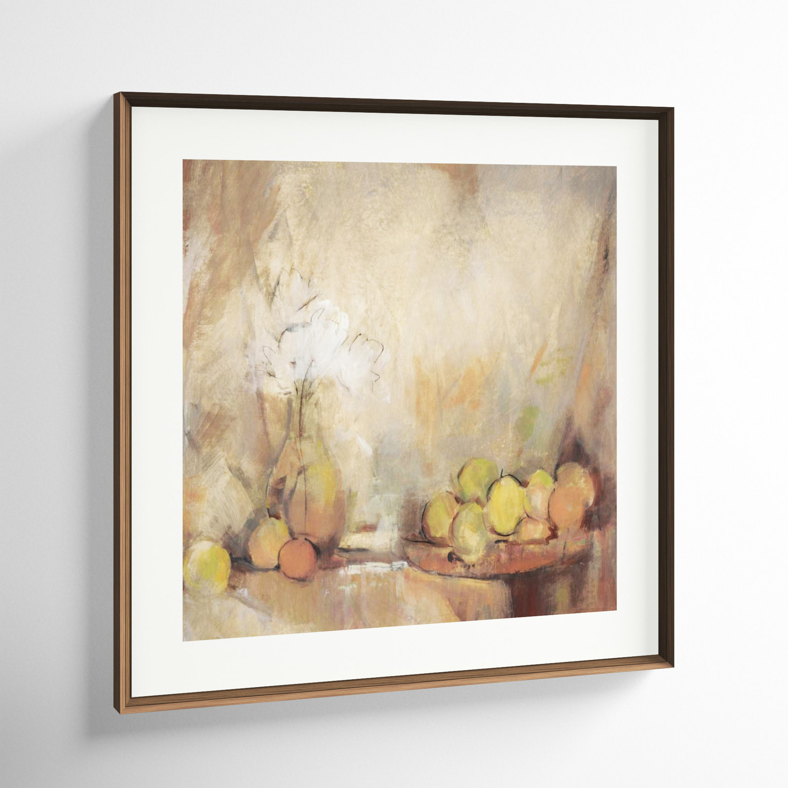 Still Life with Fruit in Study Painting, 19" H x 19" W, Light Bronze Framed Paper Paper