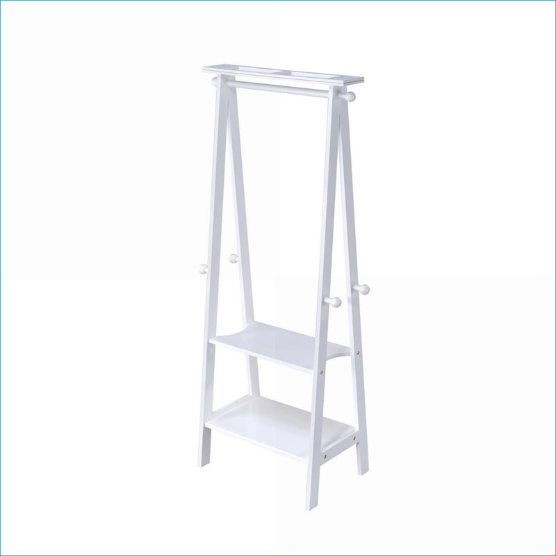 FlowLuxe 59 Inch Tall Snow White Wood Standing Garment Coat Rack with Storage Shelves