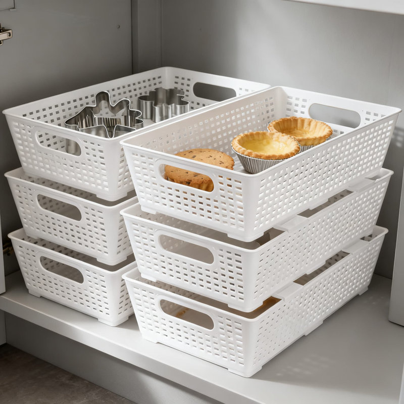 Stackable Plastic Storage Baskets, Multipurpose Organizer Bins For Cabinet, Closet, Pantry, Shelf And Under Sink, 6-Pack