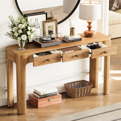 Console de style rétro avec coins incurvés, 3 tiroirs dissimulés, pieds en bois massif épais, finition naturelle, convenant au vestibule, au salon et au couloir, couleur arrondie à mise en valeur, charme