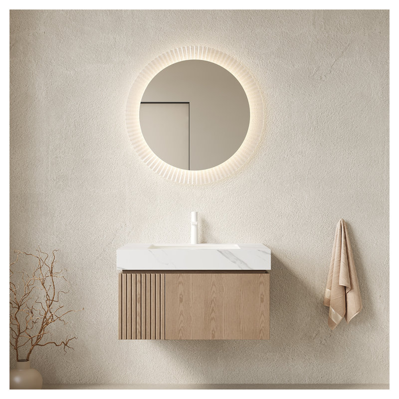 Meuble-lavabo suspendu MURI de 76 cm (30 po) avec comptoir en pierre frittée, lavabo en céramique et rangement à fermeture amortie, finition Heidelberg Woodgrain.