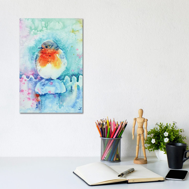Christmas Robin by Zaira Dzhaubaeva - Wrapped Canvas Painting, 20.32 cm H x 30.48 cm W