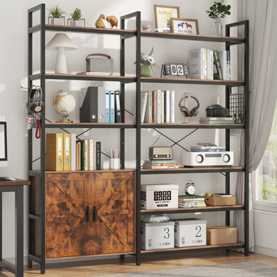 71.3" Industrial Bookshelf, Large 6-tier Triple Bookcase With Storage Cabinet, Metal Frame Furniture For Living Room, Bedroom, Home Office