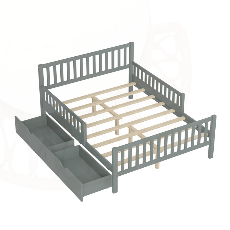 Wood Platform Bed with Guardrails on Both Sides and Two Storage Drawers, Full, Gray