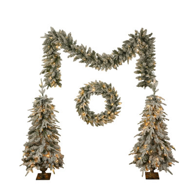 Ensemble de 4 décorations de Noël artificielles pré-illuminées : guirlande, couronne et 2 sapins d'entrée avec lumières LED.