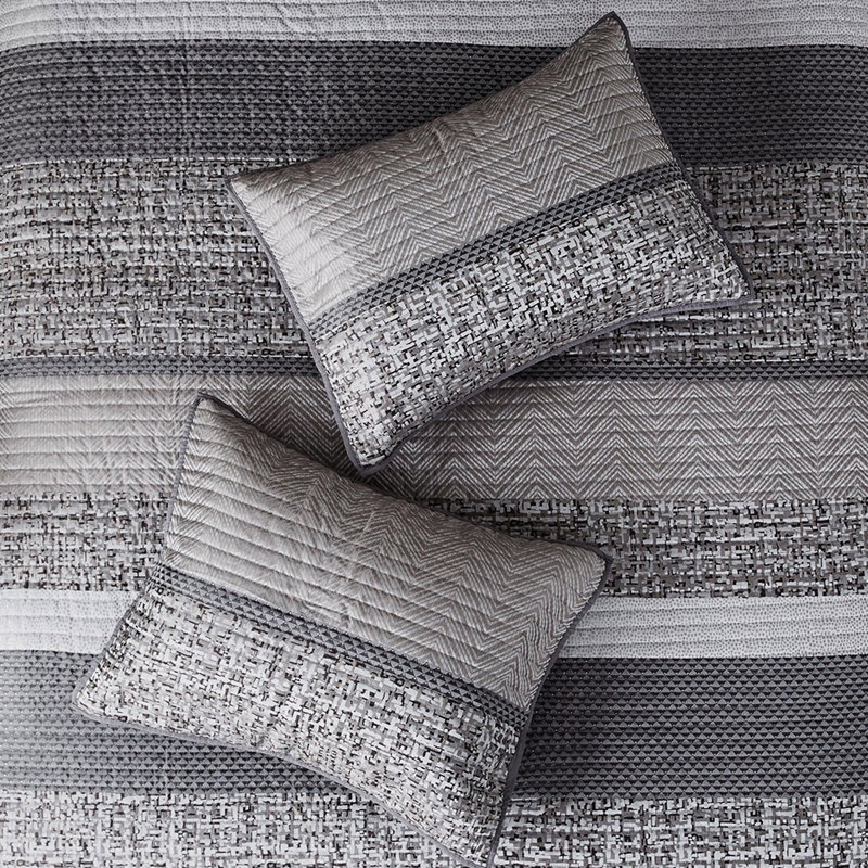 Courtepointe grise / taupe 6 pièces pour très grand / très grand, lavable à la machine, coussins décoratifs avec plis et broderie, facile à laver