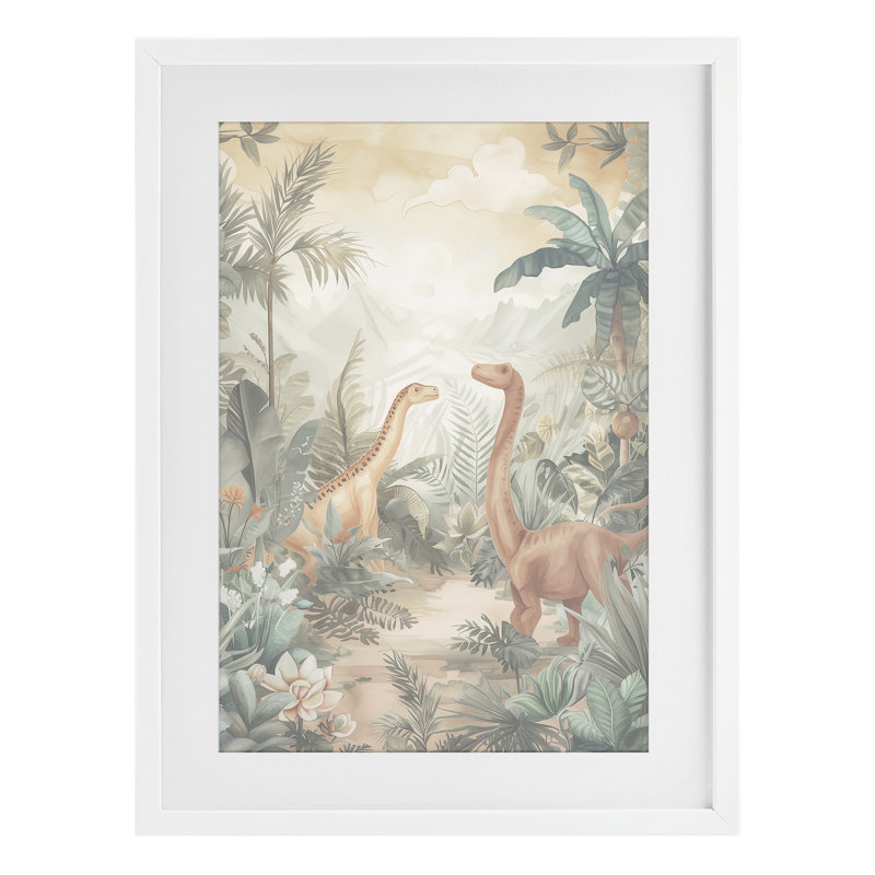 Muted Dinosaurs in Jungle Framed Print Under Glass, design by Ray Powers, Coastal White Frame, 23" H x 17" W