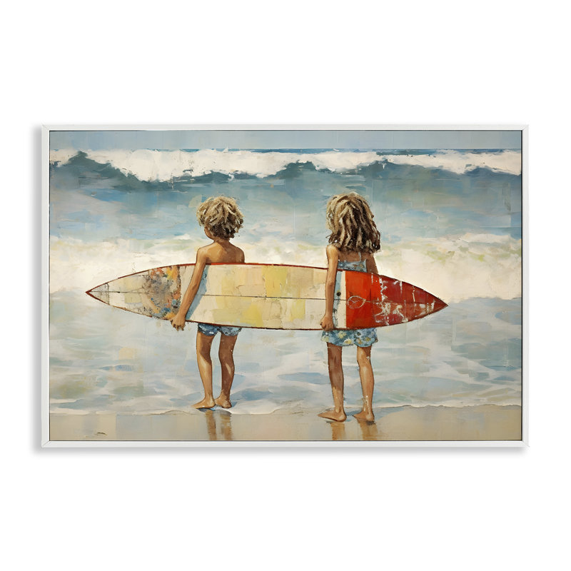 «Kids with Surf Waves», estampe numérique par Petal Prints Design, Estampe numérique encadrée blanc bord de mer