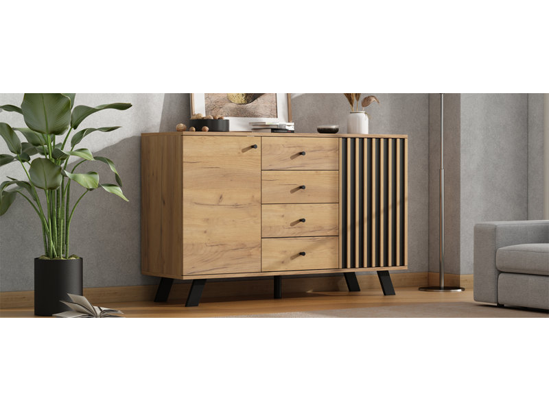 Storage Cabinet with 4 Drawers & 1 Slatted-Door Cabinet 120*38*75 cm MDF 1 Piece Sideboard Black/Natural with Drawers