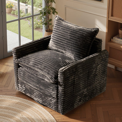 31" Wide Corduroy Swivel Accent Chair With Side Pocket, 360° Rotating Deep Seat Lounge Chair, Double Cushion Upholstered Armchair For Living Room