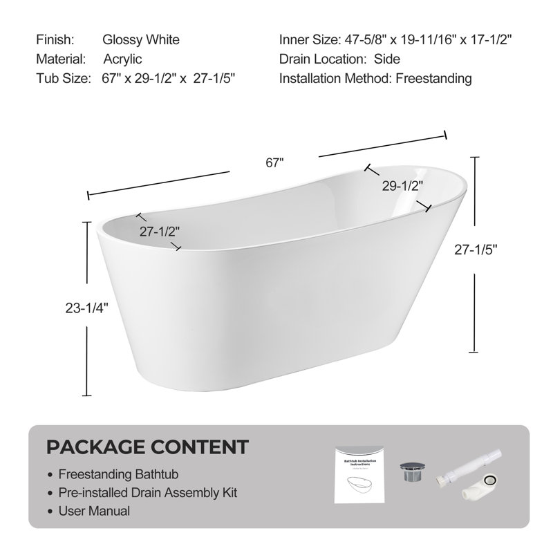 67'' x 29.53" Acrylic Freestanding Bathtub, Stand Alone Bath Tub with Toe-Tap Chrome Drain and Classic Slotted Overflow, cUPC Certified, Glossy White