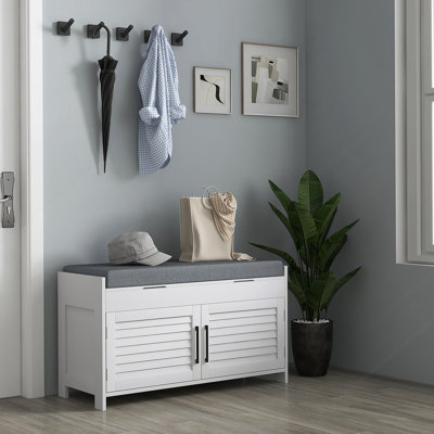 Banc à chaussures, banc de hall d'entrée avec rangement pour chaussures, coussin, compartiments cachés, tablettes réglables et portes à volet, range-chaussures 35,4 po pour vestibule, couloir, peut supporter jusqu'à 352 lb, blanc