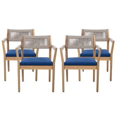 Ensemble de 4 chaises de salle à manger en bois d'acacia tressé - aspect teck avec corde beige et coussins bleu marine, meubles de patio toutes saisons pour le jardin, la piscine et la cour (durables et élégants)