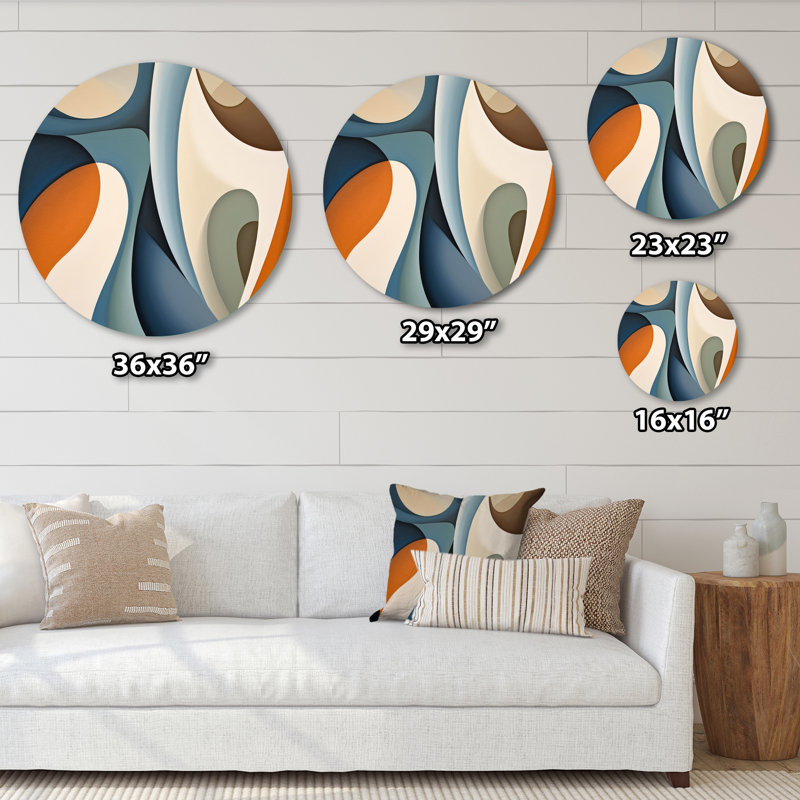 Visions symétriques bleues et orange - art abstrait rond en métal, H 16 po x l 16 po