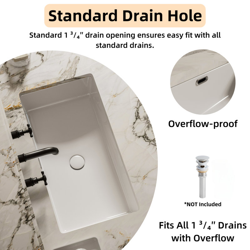 Los Flexi 28" x 16" Ceramic Undermount Bathroom Sink, Modern Rectangular Vanity Sink with Overflow