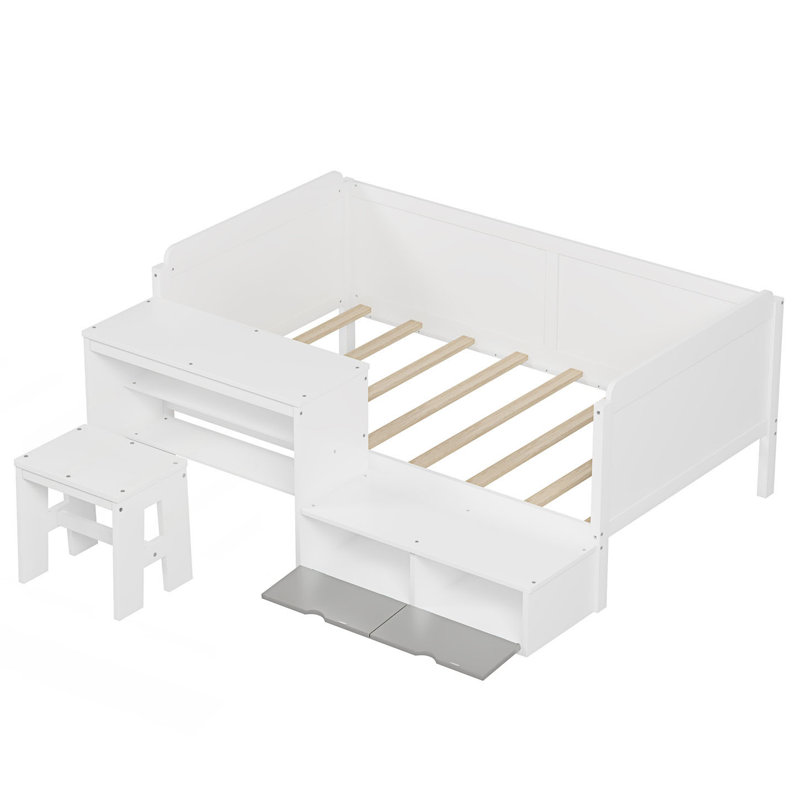 Size Daybed With Storage Shelves And Lockers, Multi-Functional Bed With Study Desk And Matching Stool, White