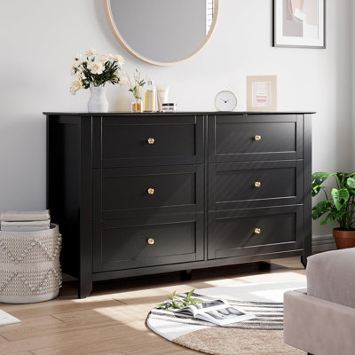 Black 6-Drawer Dresser, Modern Wood Chest with Deep Drawers & Nickel Handles