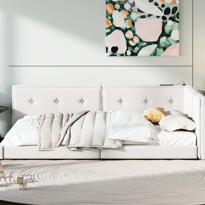 Queen Size Upholstered Bed In Beige - Ports For Gadgets & Base With , Wood Linen Combination, Queen, Beige