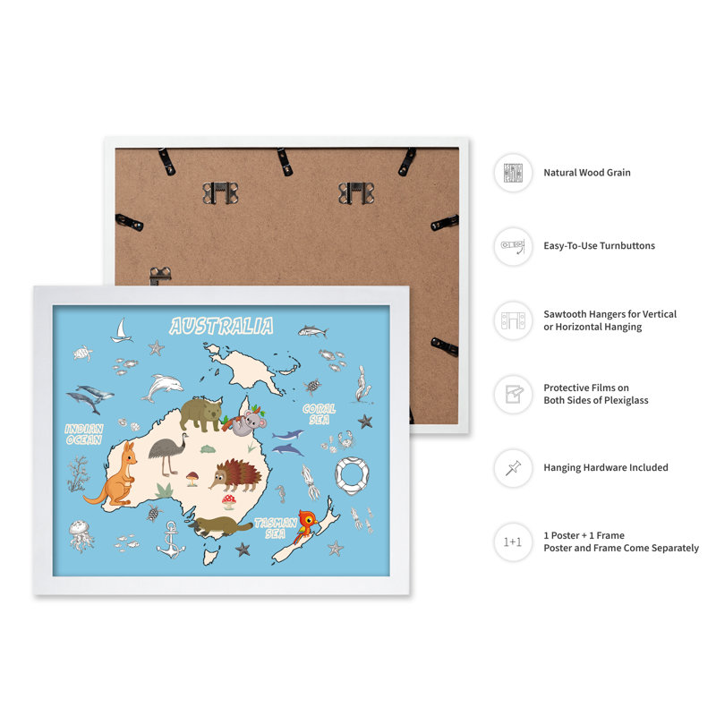 Carte des animaux en Australie, 24"H x 32"W, Poster, White Framed