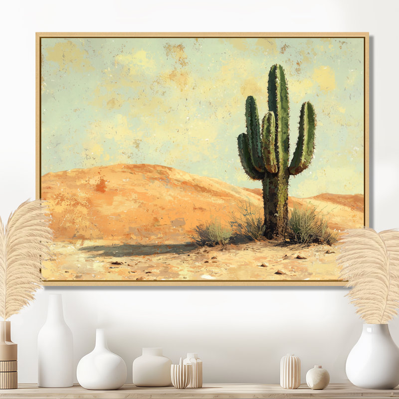 Minimalisme cactus par les dunes I - art mural cactus, H 30 po x l 40 po, Cadre flottant, Crème, crème