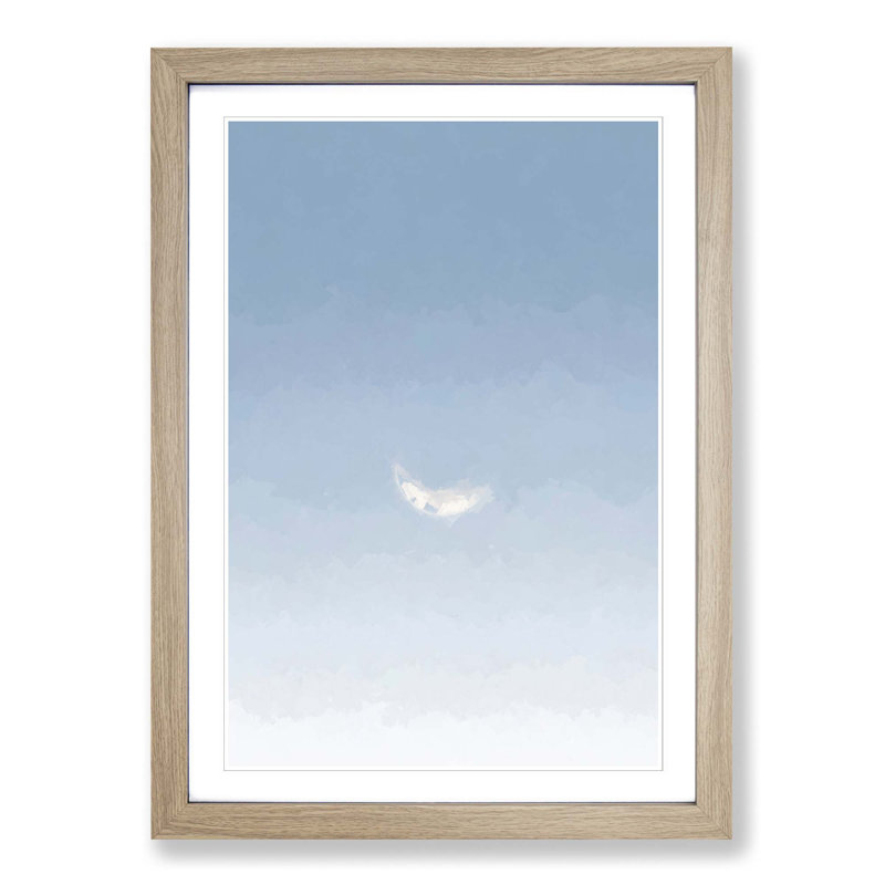 Crescent Moon in a Blue Sky in Abstract - Picture Frame Graphic Art Print on MDF, 65cm H x 48cm W x 2cm D, Oak Framed