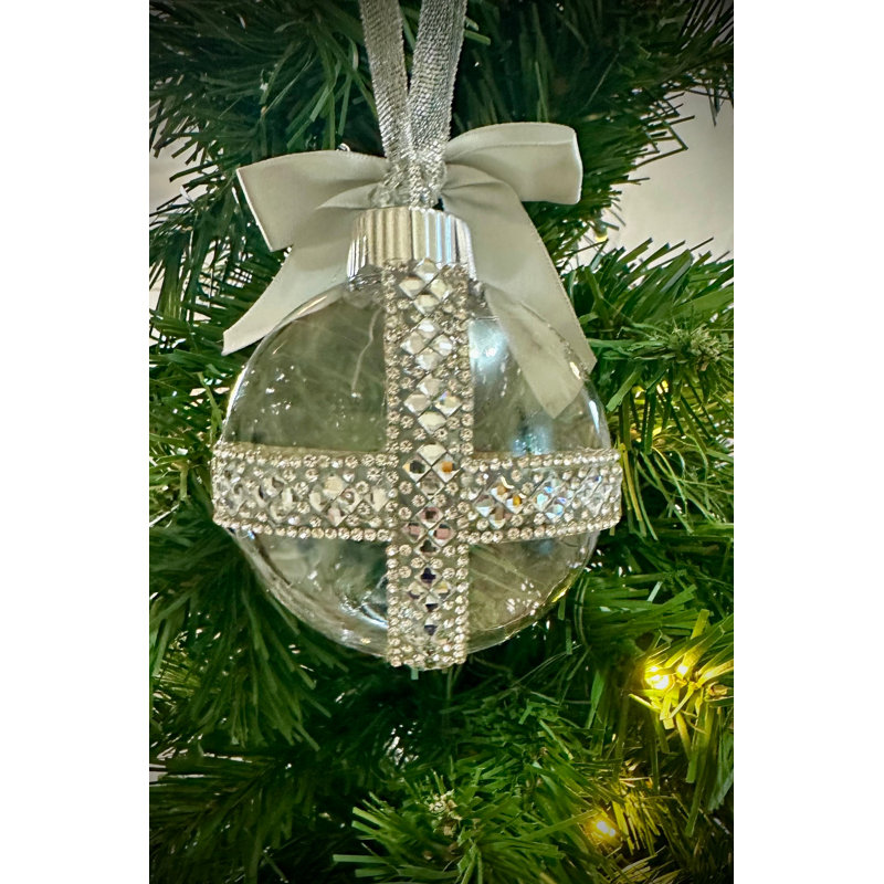 La collection Silver: mini ornement en cristal de diamant et strass Glam avec un nœud en satin argenté