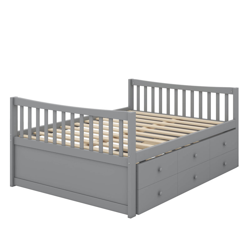 Full Size Wooden Captain's Daybed With Twin Trundle, Plus Three Drawers For Storage, Gray
